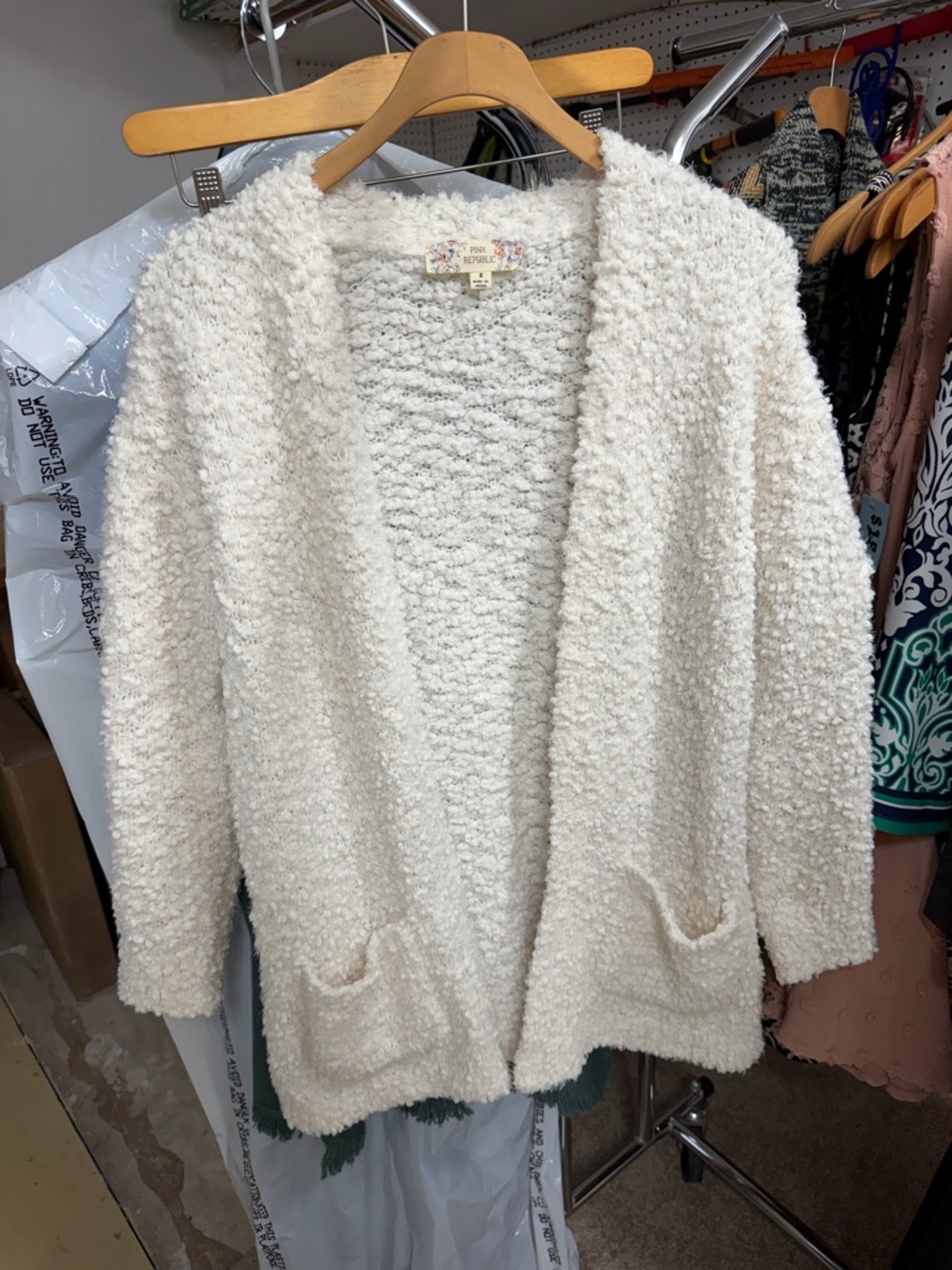 Pink Republic Cream Bouclé Open-Front Cardigan with Pockets